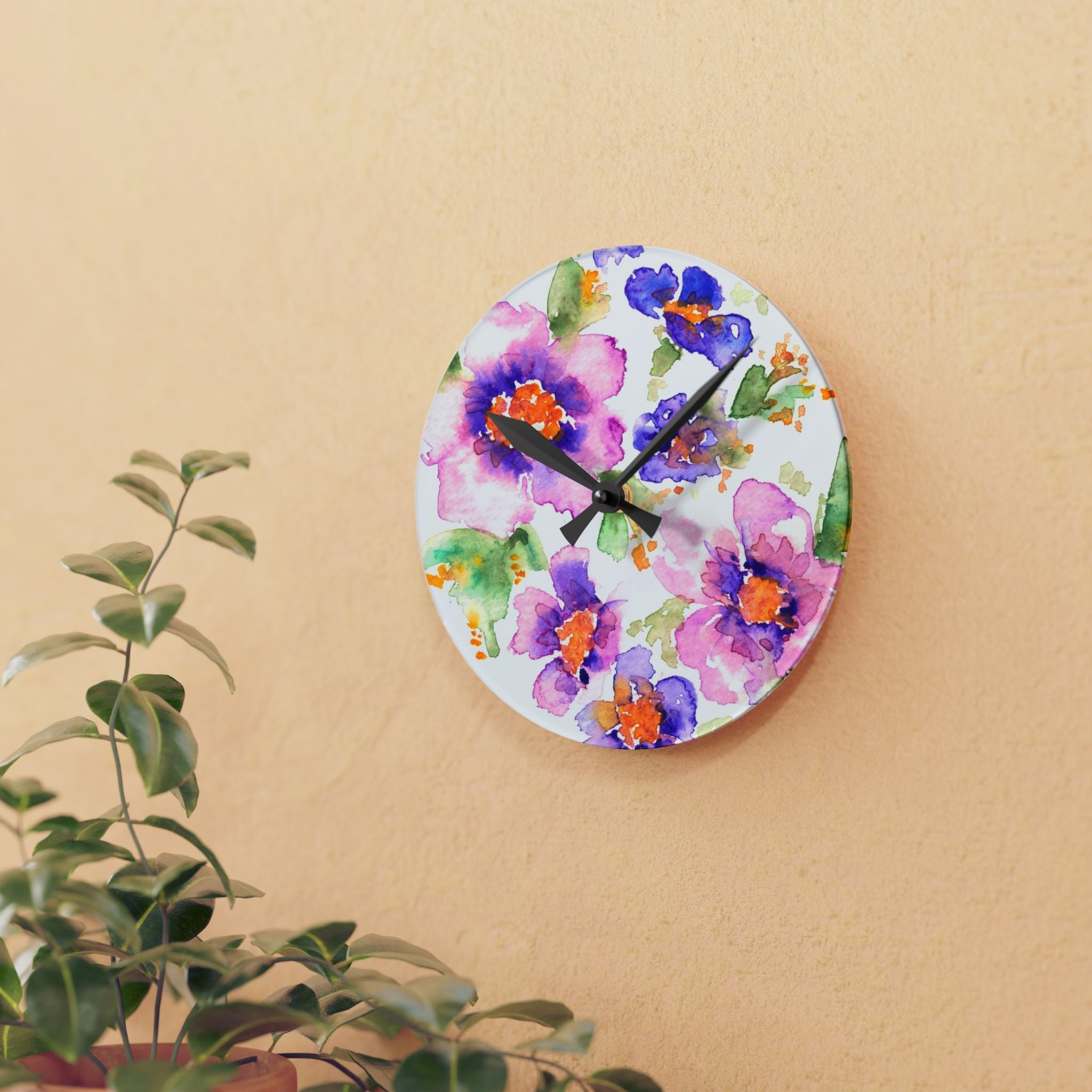 Floral Watercolor Acrylic Wall Clock – Purple & Pink Bloom Home Décor